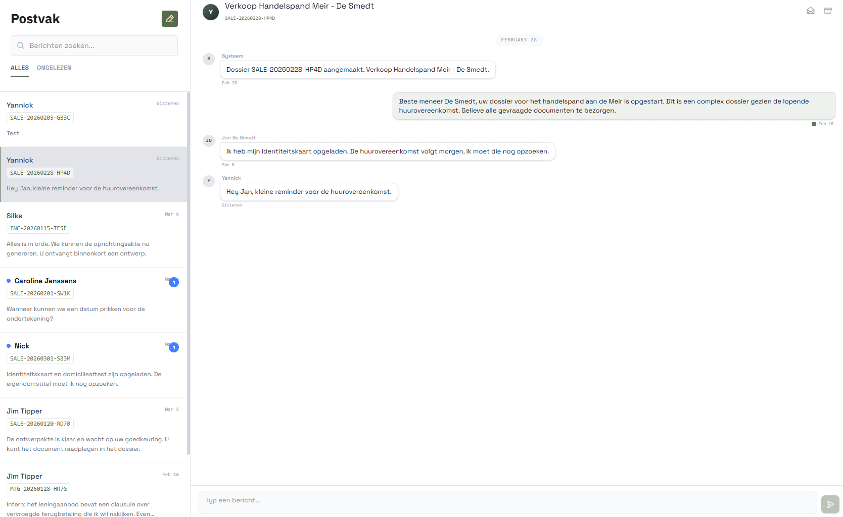 Lexi postvak met berichten en dossiercommunicatie
