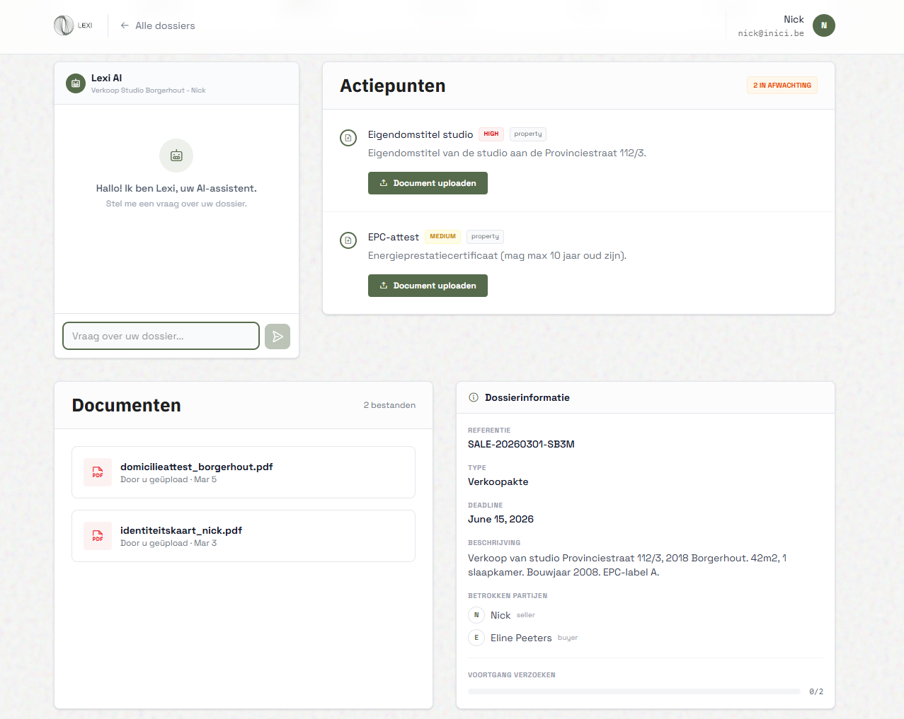 Lexi dossierdetail met documenten en AI-samenvatting
